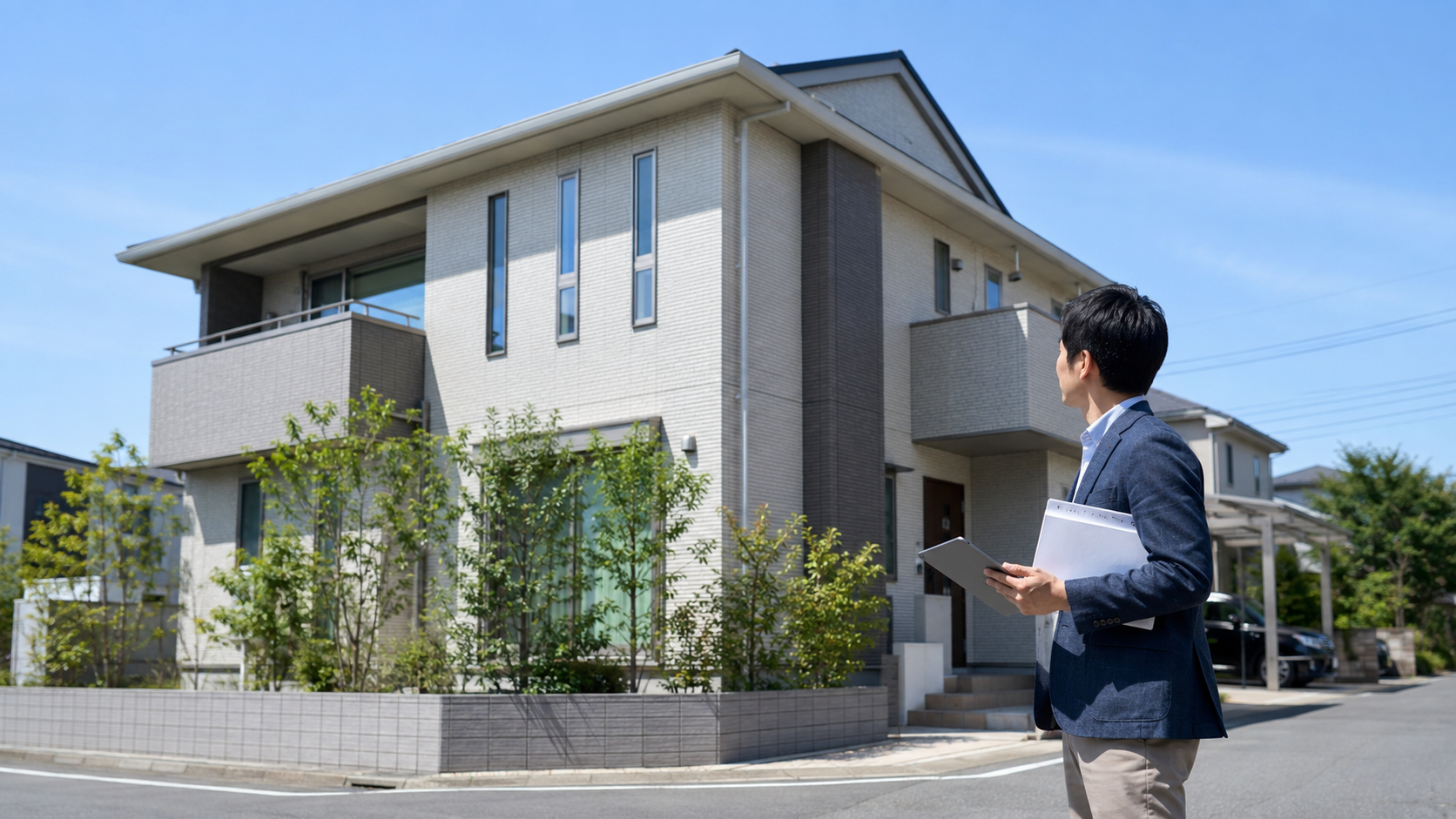 住宅街で売却予定の物件を確認する担当者