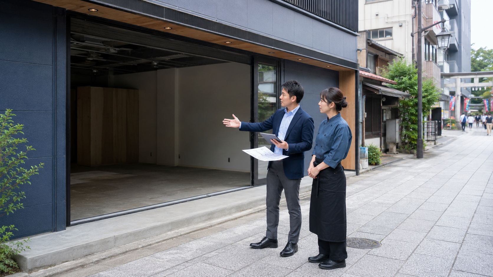 空き店舗の前で出店候補物件を確認する様子